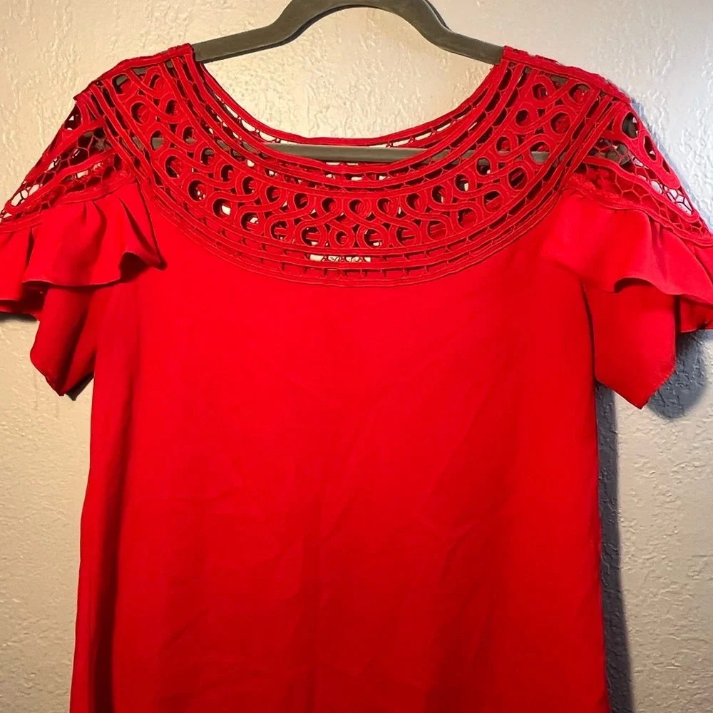 Red Ruffled Flutter Sleeve Blouse size Medium Red 2000s Y2K - Picture 3 of 8